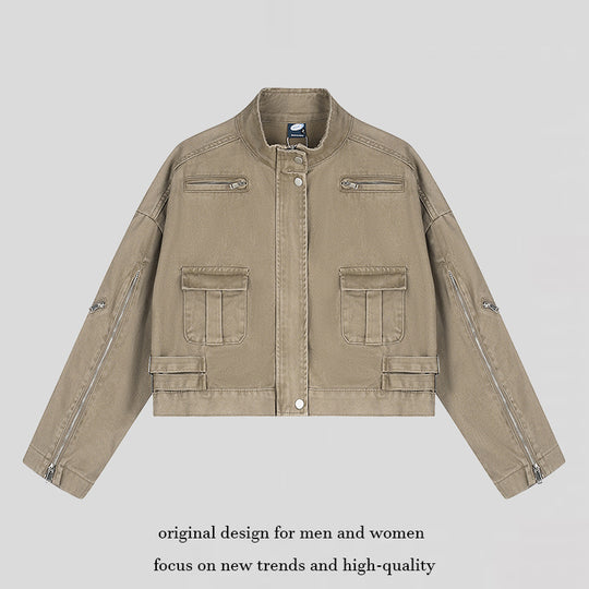 Damen Cropped Utility-Jacke mit Stehkragen, Mehrfachtaschen und Reißverschlussärmeln Shop Nory