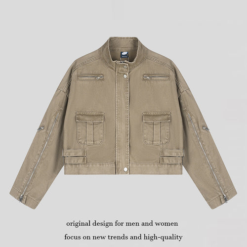 Damen Cropped Utility-Jacke mit Stehkragen, Mehrfachtaschen und Reißverschlussärmeln Shop Nory