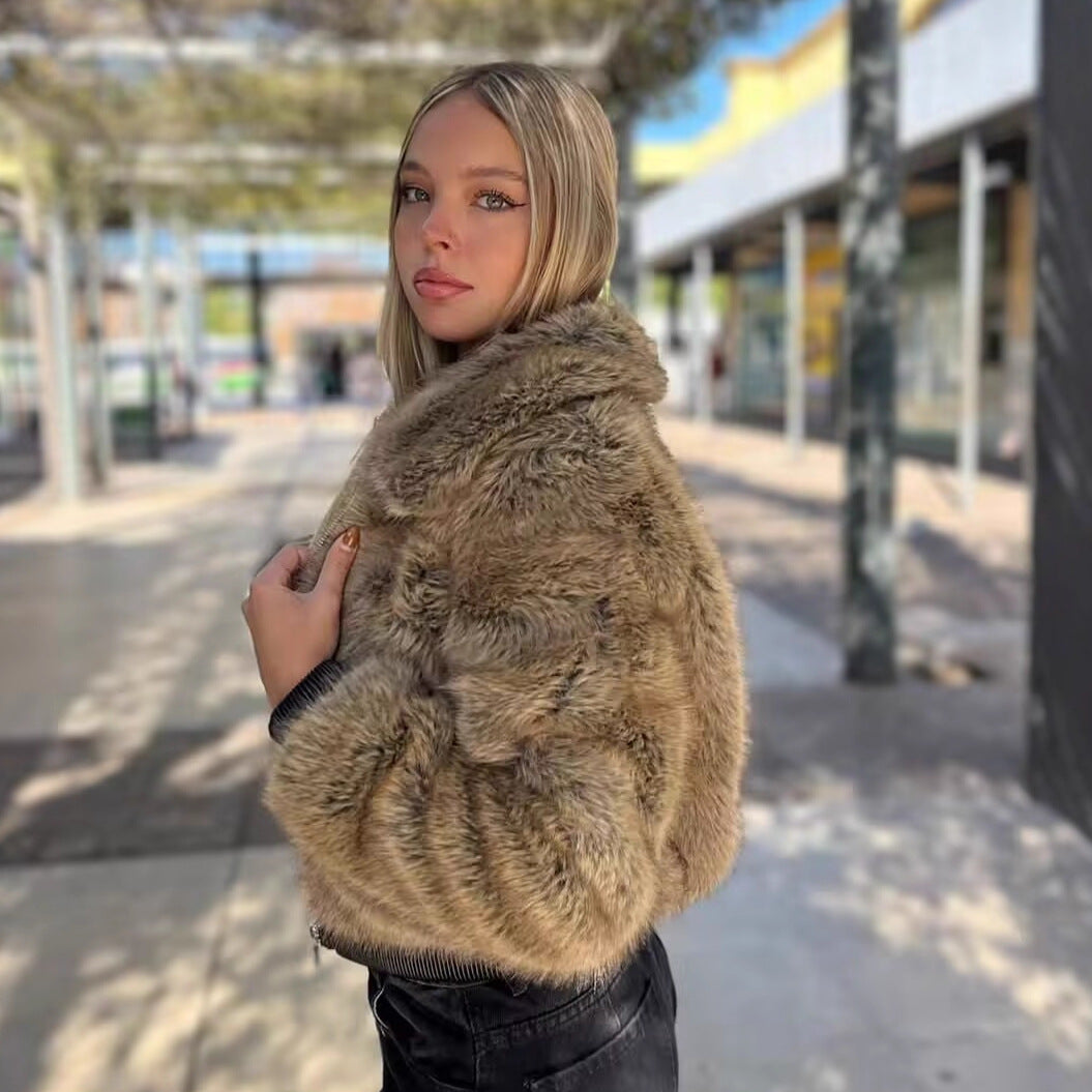 Damen Kurze Faux-Fur Bomberjacke mit Reißverschluss und Rippsaum Shop Nory