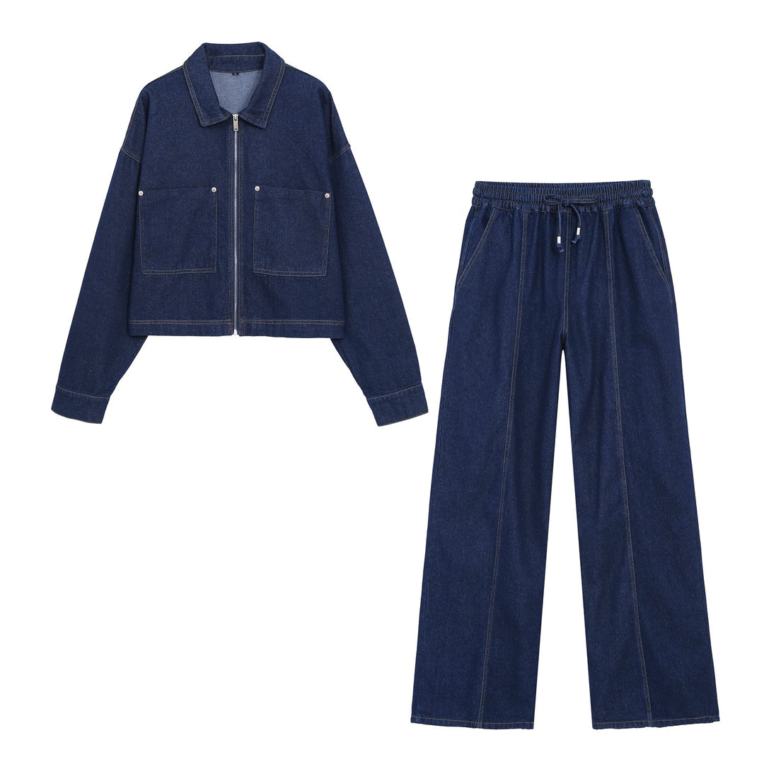 Damen Weite High‑Waist Jeanshose mit elastischem Bund, Tunnelzug und sichtbarer Bügelfalte Shop Nory
