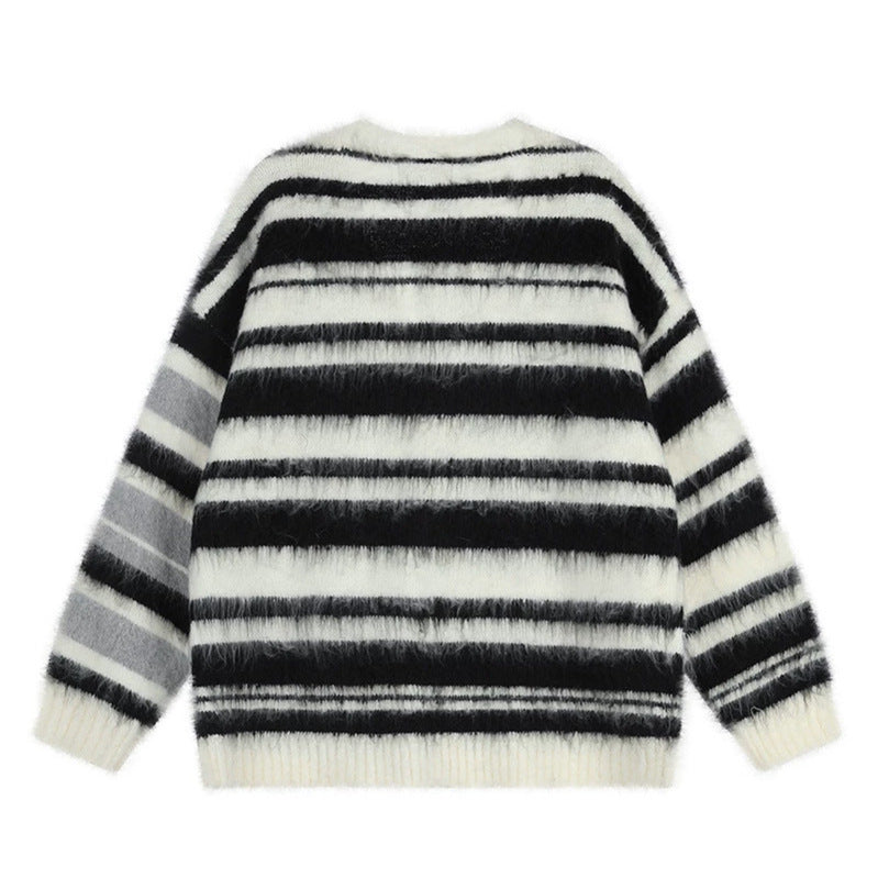 Damen Oversize-Strickjacke mit V‑Ausschnitt, kuscheliger Mohair‑Optik und gestreiftem Muster Shop Nory