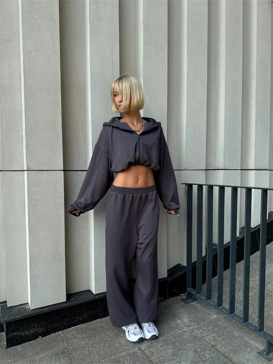 Damen cropped Kapuzenzipper mit Ballonärmeln und elastischem Saum Shop Nory