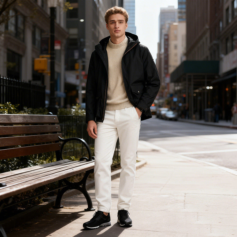 Herren Leichte Kapuzenjacke im urbanen Minimalstil mit Zwei-Wege-Reißverschluss und Pattentaschen Shop Nory