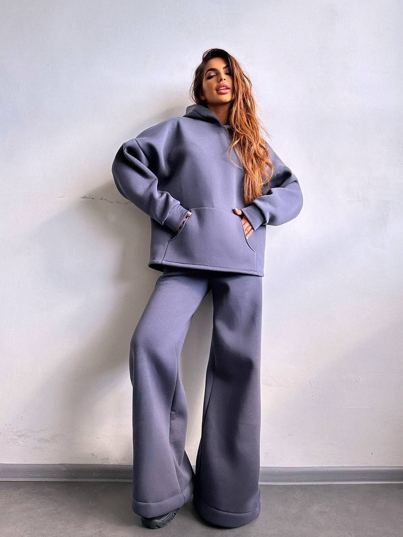 Damen Scuba-Fleece Lounge-Set mit Oversize-Kapuzenpullover und weiter Flare-Hose Shop Nory