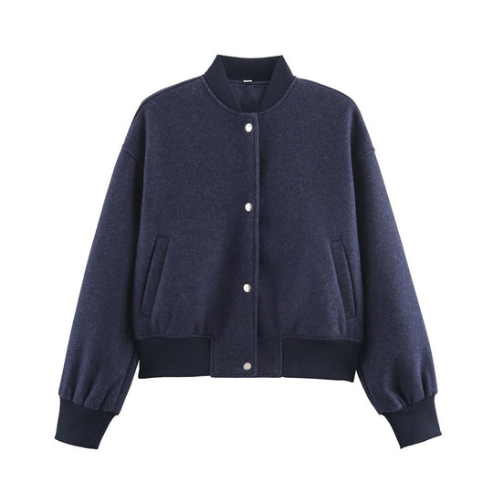Damen Kurz geschnittene Boxy-Bomberjacke mit geripptem Kragen, Druckknopfverschluss und Eingrifftaschen Shop Nory