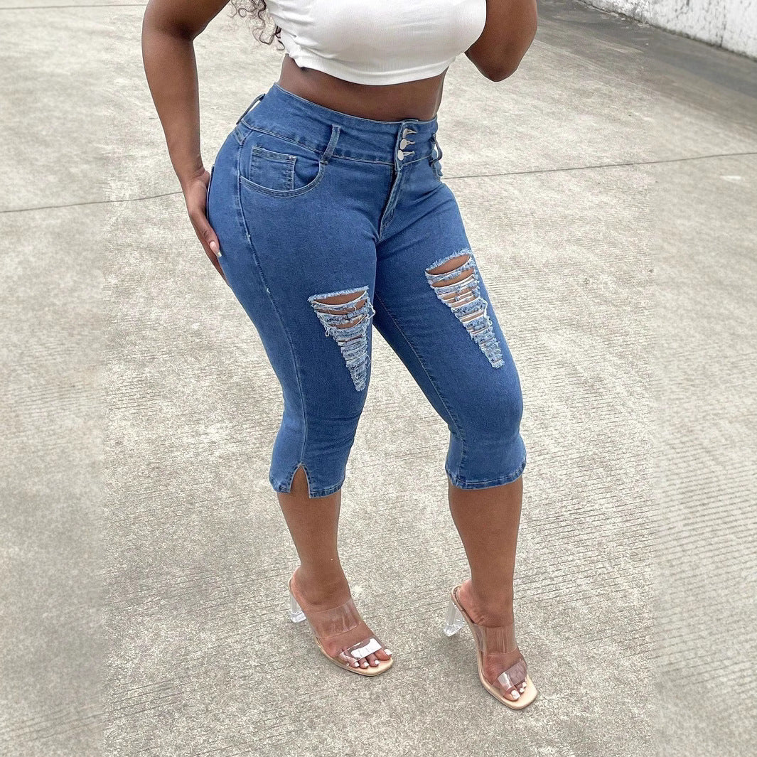 Damen Hochtaillierte, dreiviertellange Stretch-Jeans mit Destroyed-Einsätzen und seitlichem Saumschlitz Shop Nory