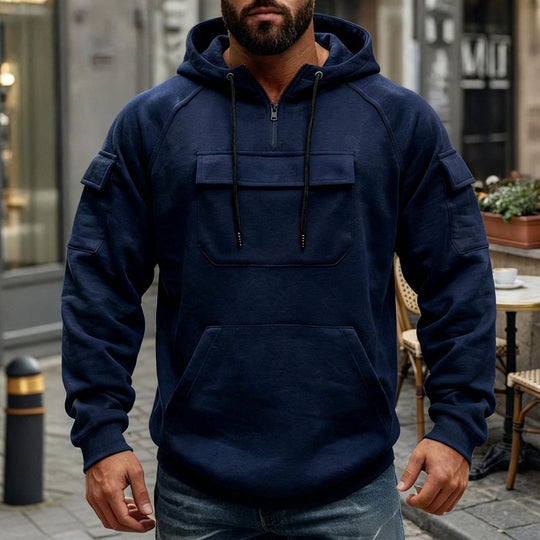 Herren funktionaler Kapuzenpullover mit halbem Frontreißverschluss, aufgesetzter Fronttasche mit Klappe und Kängurutasche Shop Nory