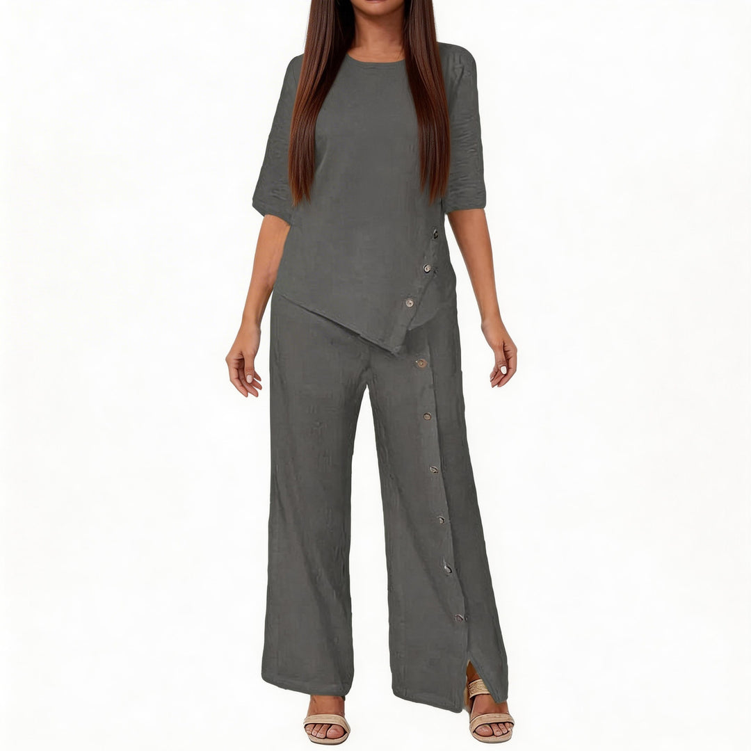 Damen asymmetrisches zweiteiliges Lounge-Set mit 3/4-Ärmeln und seitlicher Knopfverzierung Shop Nory