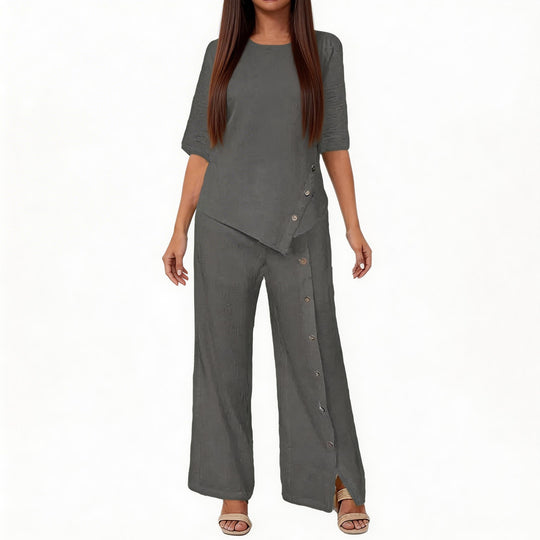 Damen asymmetrisches zweiteiliges Lounge-Set mit 3/4-Ärmeln und seitlicher Knopfverzierung Shop Nory