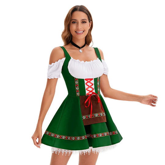 Damen nan kurzes Trachtenkleid im Dirndlstil mit Schnürung, schulterfreiem Carmen-Ausschnitt und Zierschürze Shop Nory
