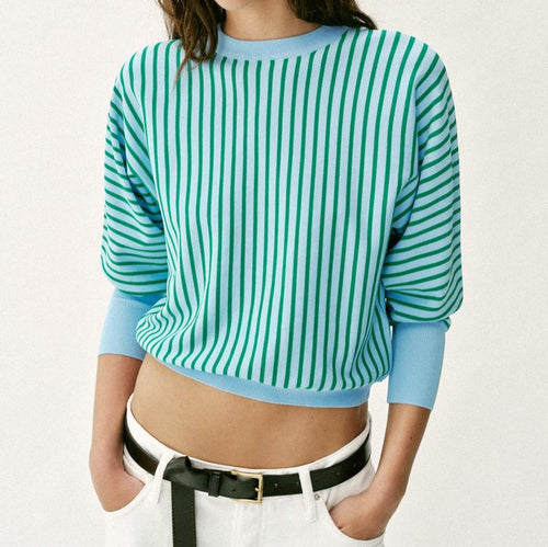 Damen Kurzgeschnittener gestreifter Feinstrick-Pullover mit verlängerten Rippärmeln Shop Nory