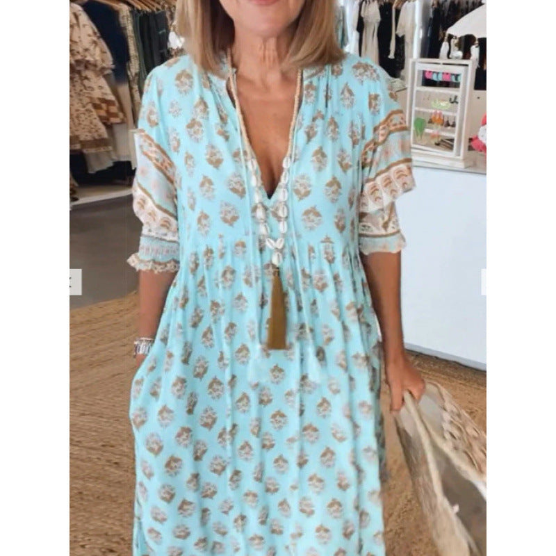 Damen Boho-Stil Kleid mit geflochtener Schnürung und handgefertigten Details