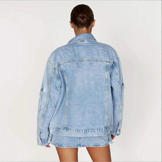 Damen Oversize Utility-Denimjacke mit großen Pattentaschen und Reißverschluss Shop Nory