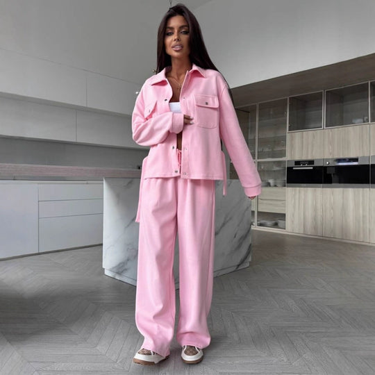 Damen Zweiteiliges Loungewear-Set mit tailliertem Blouson, Bindegürtel und weiter Palazzo-Hose Shop Nory