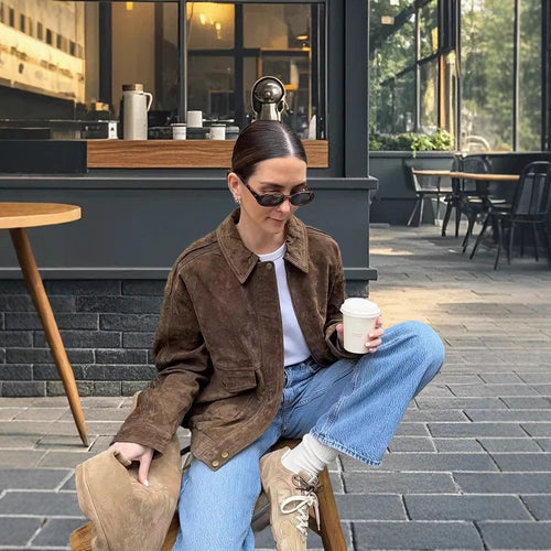 Damen modische Wildlederjacke mit Oversized-Schnitt