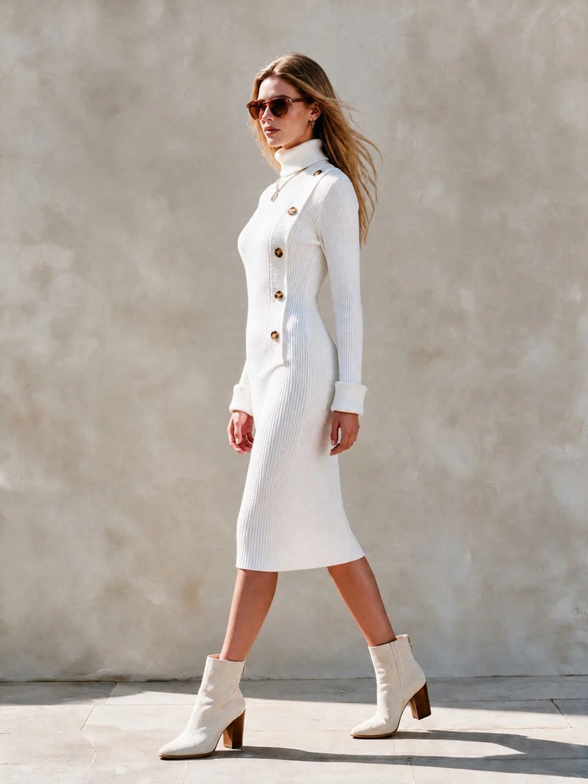 Damen Geripptes Midikleid mit Rollkragen und dekorativer Knopfleiste Shop Nory