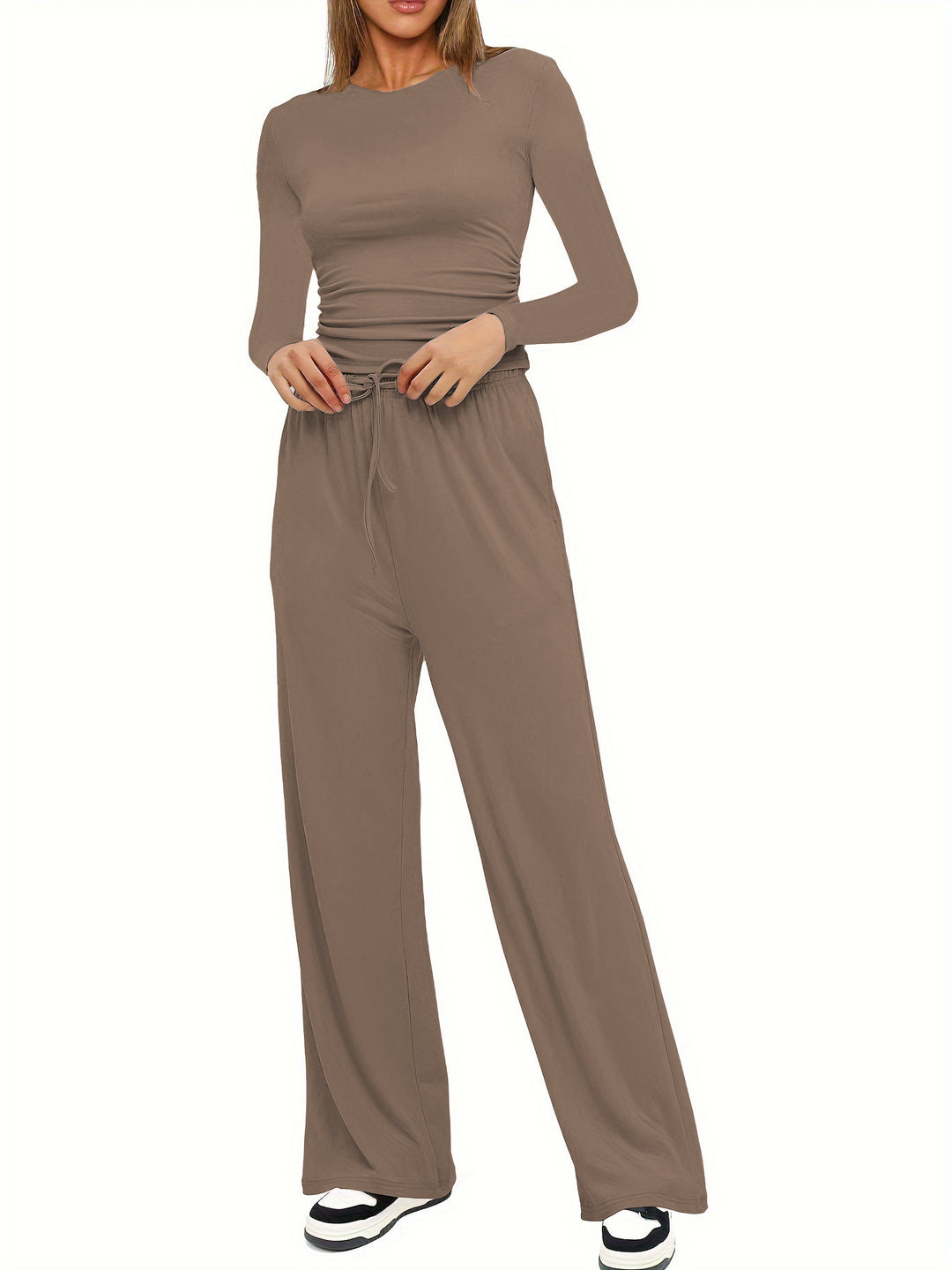 Damen Figurbetontes Longsleeve mit seitlicher Raffung und High-Waist Palazzo-Jogginghose Set Shop Nory