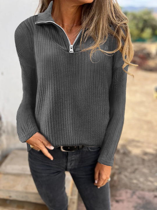 Damen Rippstrickpullover mit halbem Reißverschluss und Stehkragen Shop Nory