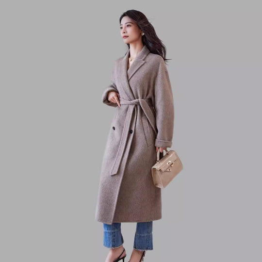 Damen Wollmantel mit Bindegürtel und weitem Revers Shop Nory