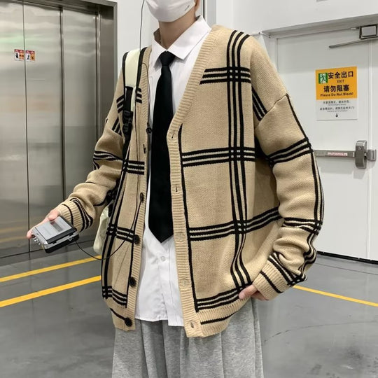 Herren Modischer Grobstrick Cardigan mit Karomuster Shop Nory