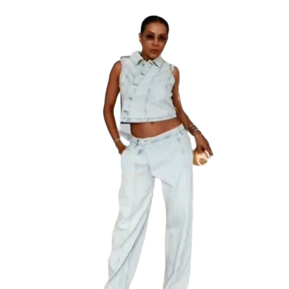 Damen Gekürztes ärmelloses Denim-Set mit taillierter Weste & weiter High-Waist-Hose Shop Nory