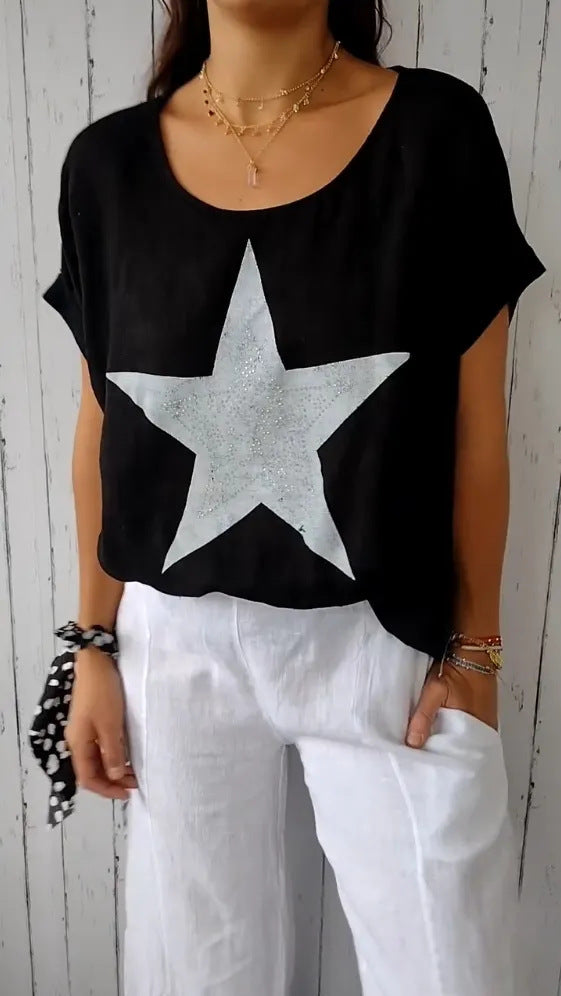Damen lässiges Leinenoberteil mit glitzerndem Sternmotiv Shopnory