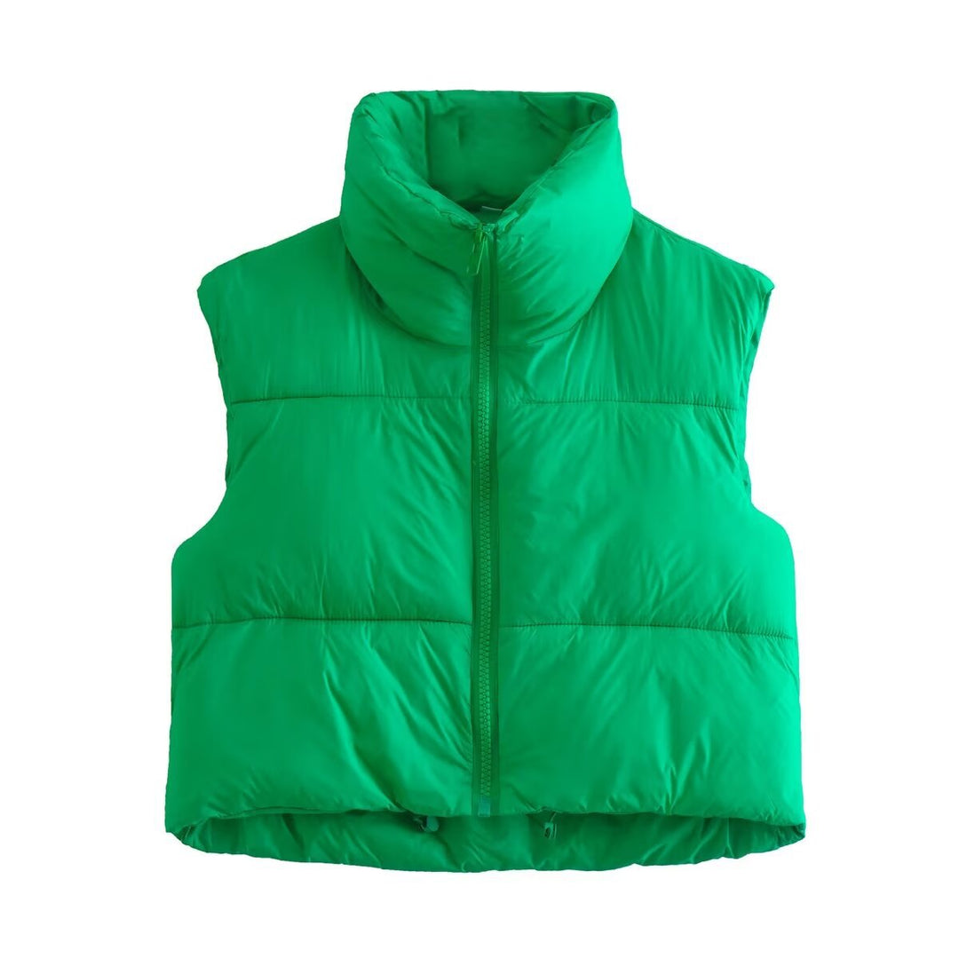 Damen cropped Daunenweste mit hohem Kragen und praktischen Taschen