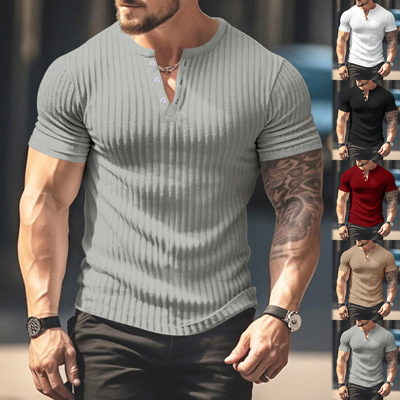 Herren kurzärmeliges Henley-T-Shirt mit strukturiertem Rippdesign und praktischem Knopfverschluss