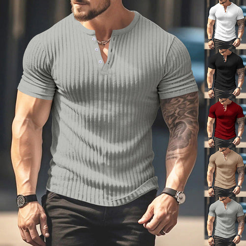 Herren kurzärmeliges Henley-T-Shirt mit strukturiertem Rippdesign und praktischem Knopfverschluss
