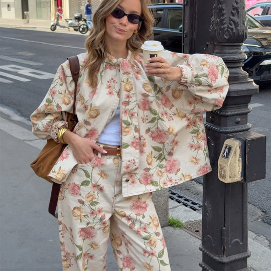 Damen Zweiteiliges Blumen-Print Co-Ord-Set mit Oversize-Blouson und High-Waist-Hose Shop Nory
