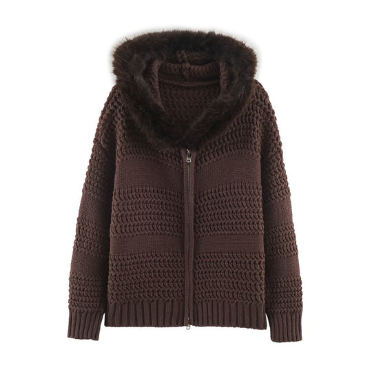 Damen Strickjacke mit durchgehendem Reißverschluss und kuscheligem Kunstpelzkragen Shop Nory