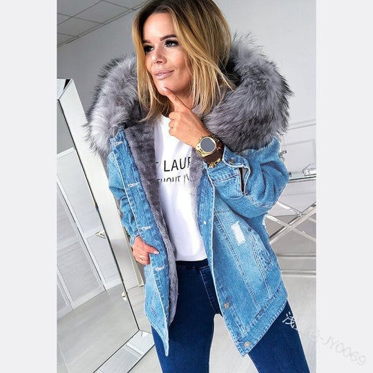 Damen Oversize Denim-Parka mit abnehmbarem Kunstpelzkragen und Used-Effekt Shop Nory