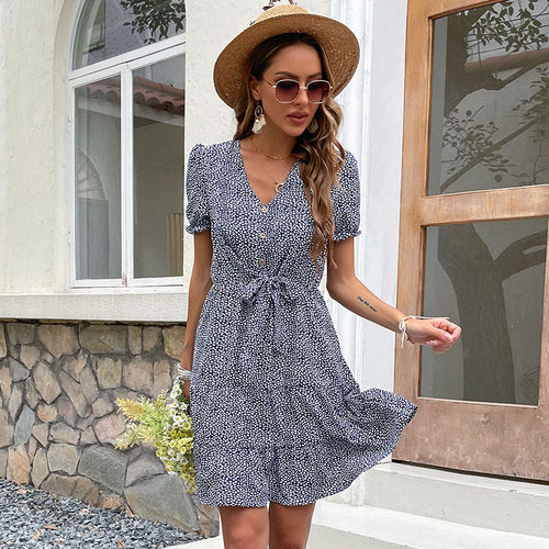 Damen Gestuftes Minikleid mit V-Ausschnitt, Knopfleiste und Kordel-Taille Shop Nory