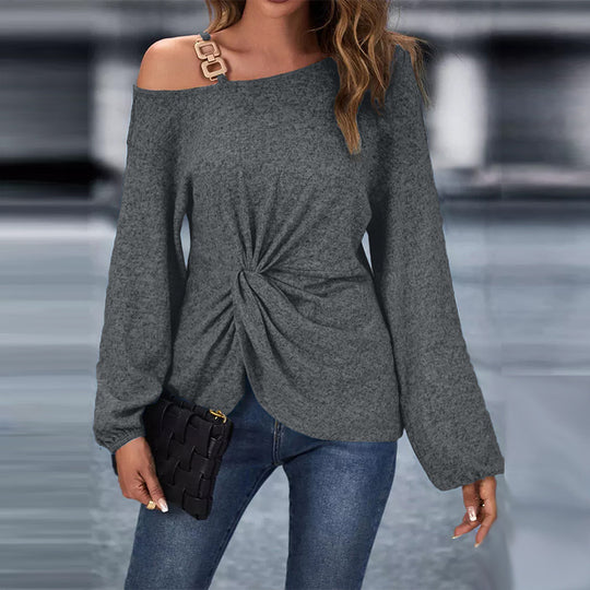 Damen asymmetrischer schulterfreier Strickpullover mit Zierkettenträger und vorn gedrehtem Knoten Shop Nory