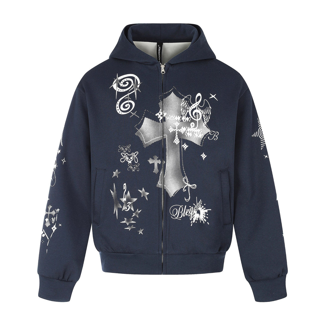 Unisex Bedruckte Kapuzen‑Zipjacke im lässigen Boxy‑Cut mit durchgehendem Reißverschluss Shop Nory