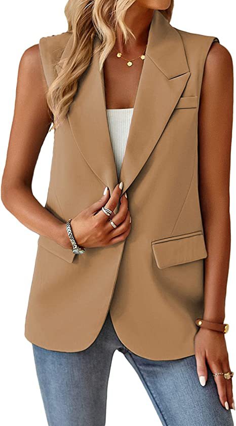 Damen Ärmellose Longline-Blazerweste mit Reverskragen, Single-Button und Pattentaschen Shop Nory