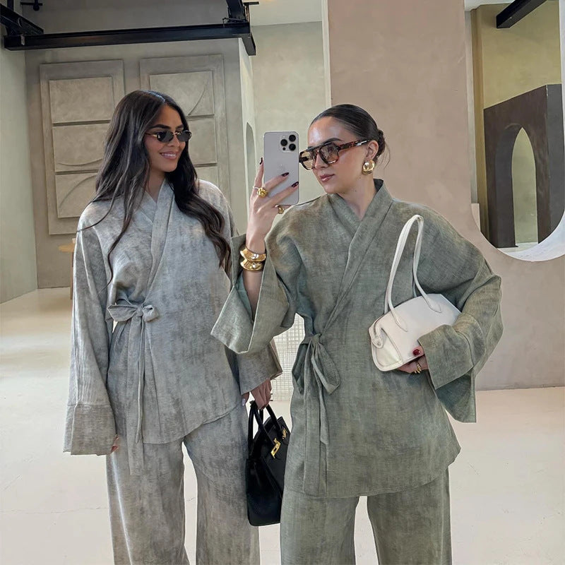 Damen Leichtes Loungewear Set mit Wickeljacke und weiten Haremshosen
