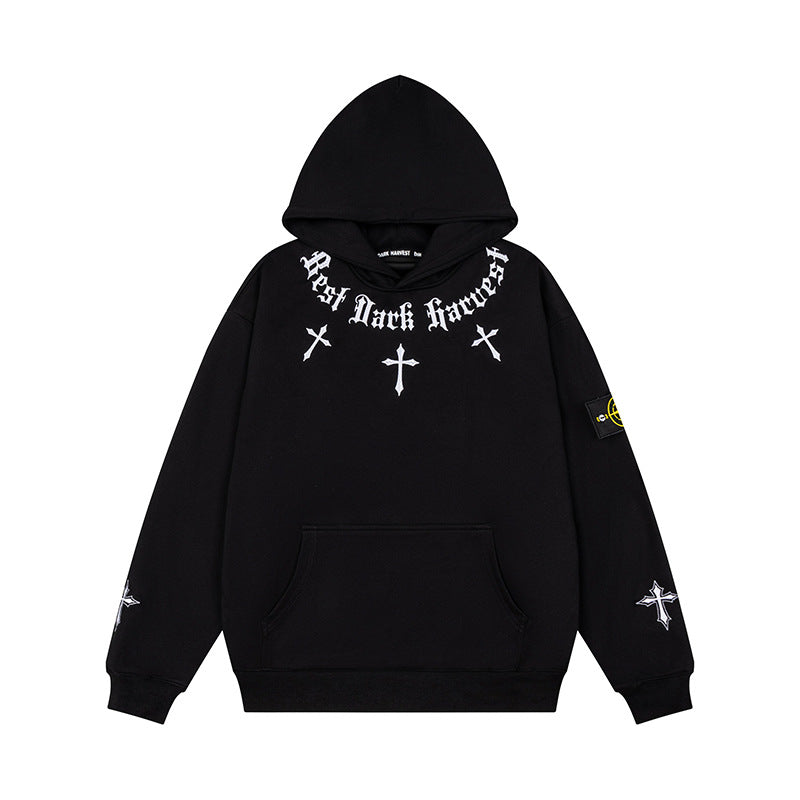 Unisex Oversize Kapuzenpullover mit Gothic-Kreuz-Print, Kängurutasche und Rippbündchen Shop Nory