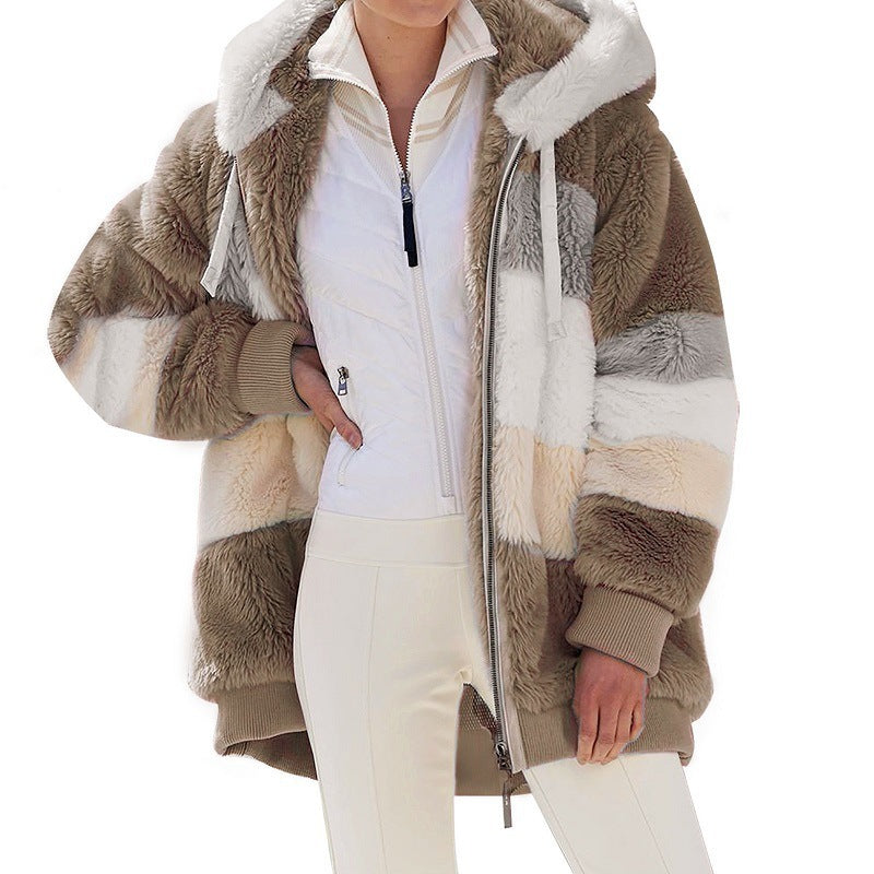 Damen nan oversized Kunstfell-Patchwork Kapuzenjacke mit Rippbündchen und Zweiwege-Reißverschluss Shop Nory