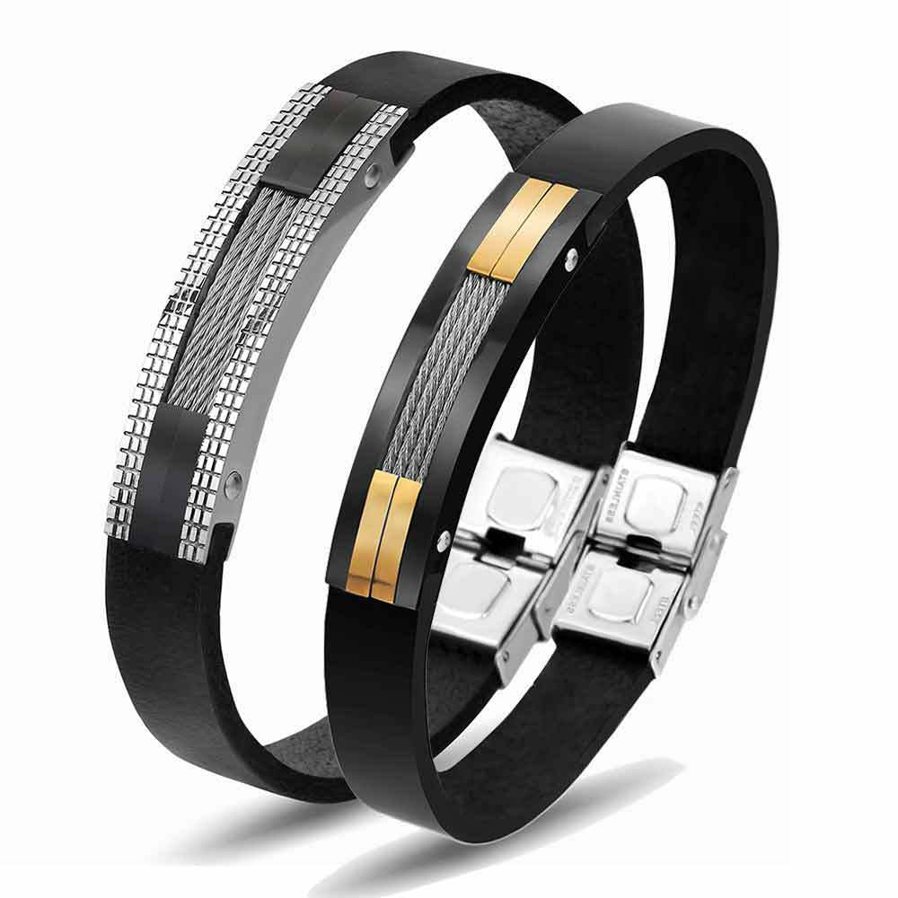 Herren Lederarmband mit modernem, strukturiertem Edelstahlbesatz Shop Nory