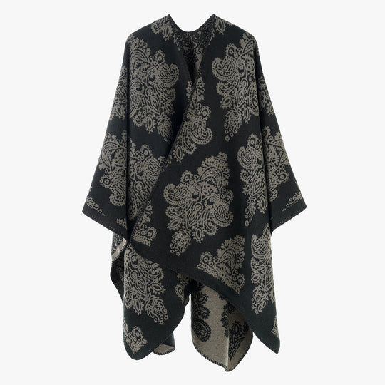Damen Wollmix-Capeponcho mit beidseitigem Jacquard‑Paisley und kontrastierter Rollkante Shop Nory