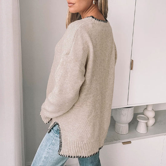 Damen Oversize Strickpullover mit Zierstichnaht, Rippbündchen und Rundhalsausschnitt Shop Nory