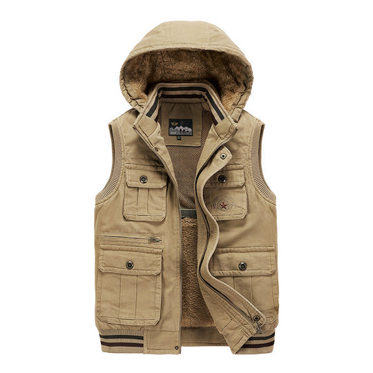 Herren Ärmellose Canvas-Weste mit Kapuze, Teddyfutter und Multifunktions-Taschen Shop Nory