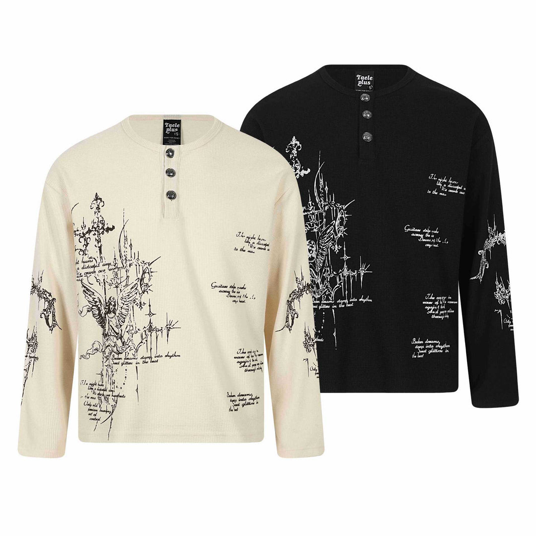 Unisex Waffelstrick-Henley-Langarmshirt mit 3‑Knopfleiste und Allover-Print Shop Nory