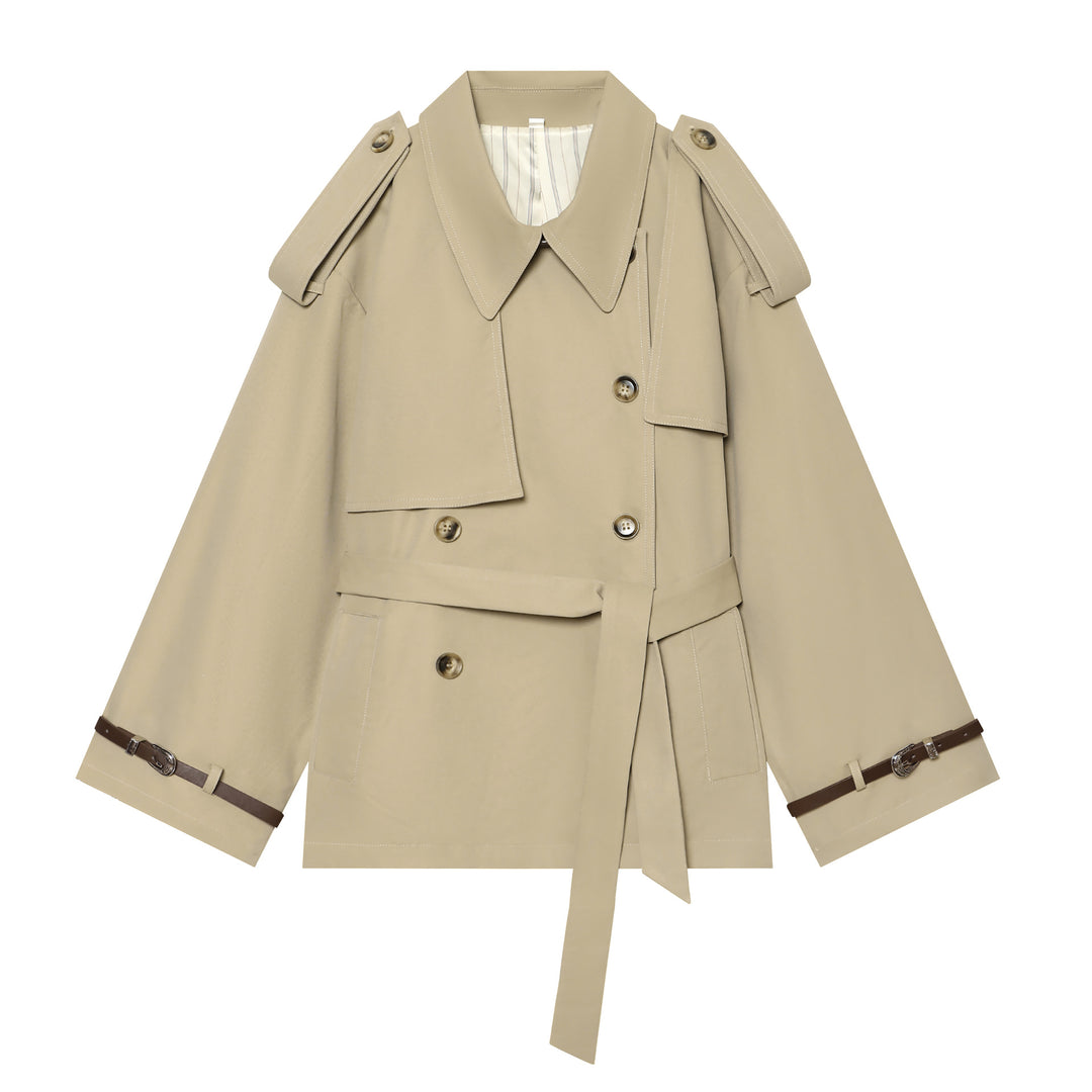 Damen Kurz-Cape-Trench mit Doppelreihe, Schulterklappen und Taillengürtel Shop Nory