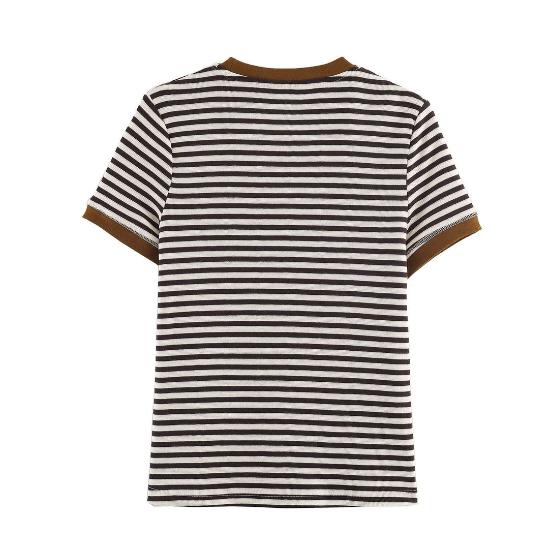 Damen gestreiftes T-Shirt mit kontrastierenden Ärmeln Shopnory