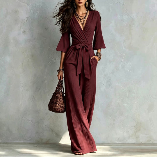 Damen Jumpsuit Wickel-Optik mit weitem Bein, Taillengürtel und Glockenärmeln Shop Nory