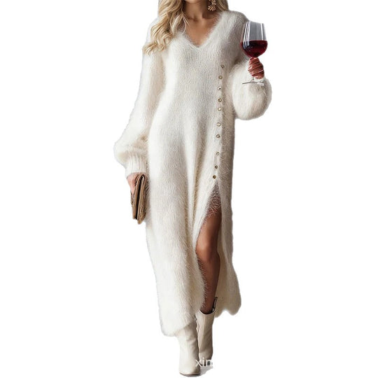 Damen nan flauschiges Maxikleid mit V-Ausschnitt und seitlichem Knopfverschluss Shop Nory