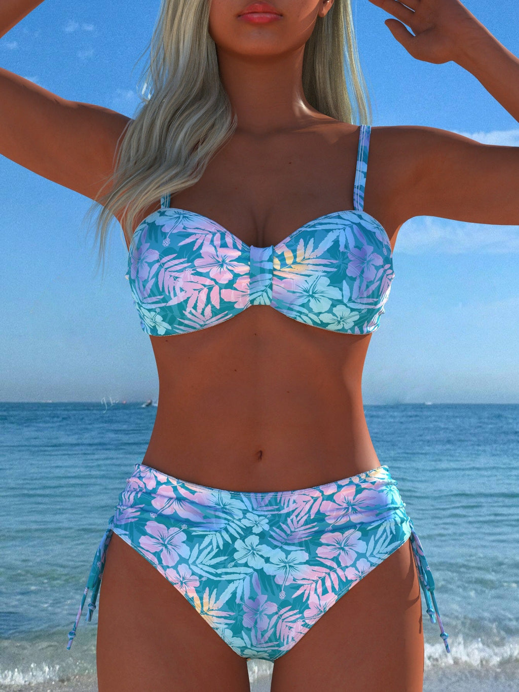 Damen Bikini-Set mit stilvollem Karomuster und goldfarbenen Akzenten