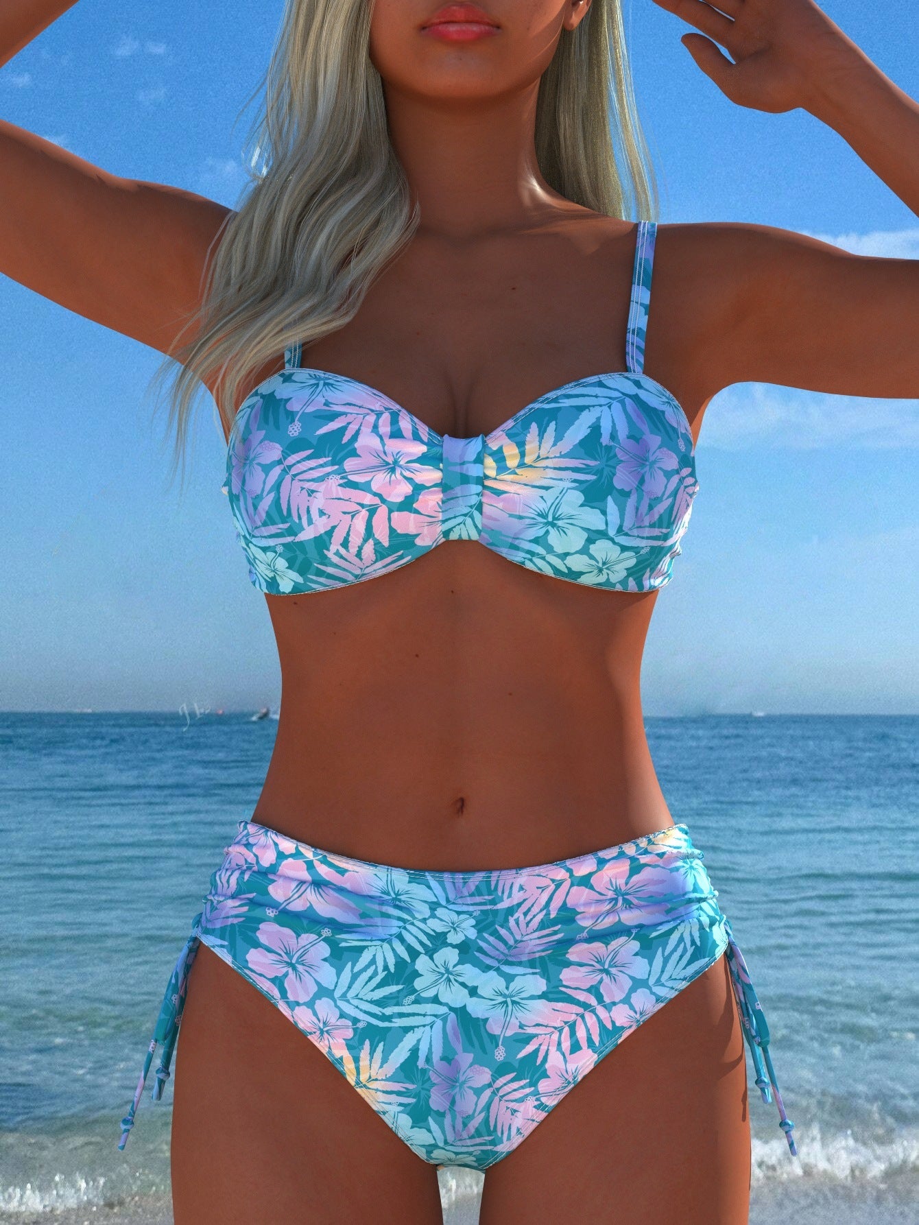 Damen Bikini-Set mit stilvollem Karomuster und goldfarbenen Akzenten
